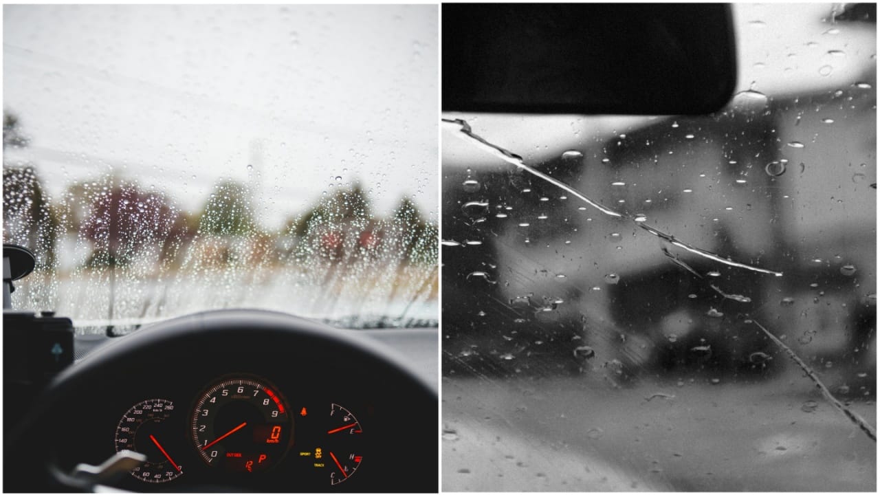 Oily film on windshield in rain